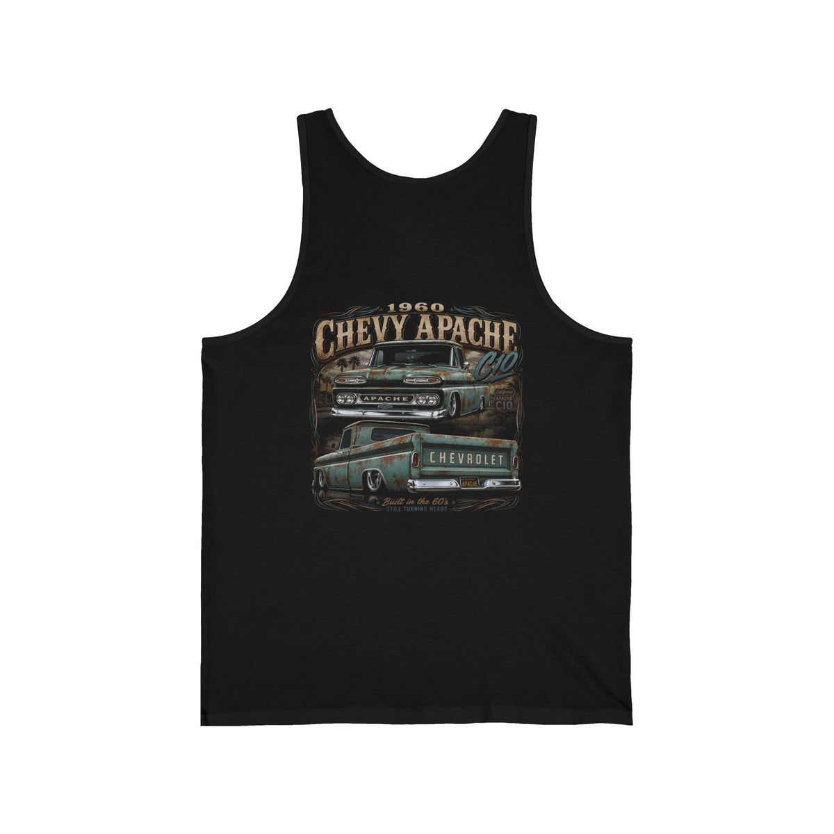 Back of the black tank top with a large print reading 1960 Chevy Apache above a detailed grey and teal classic pickup truck.