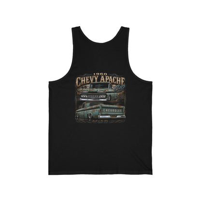 Back of the black tank top with a large print reading 1960 Chevy Apache above a detailed grey and teal classic pickup truck.