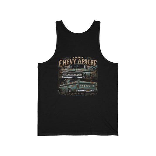 Back of the black tank top with a large print reading 1960 Chevy Apache above a detailed grey and teal classic pickup truck.