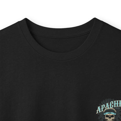 Close crop of the black long sleeve showing part of the Apache lettering against the fabric.