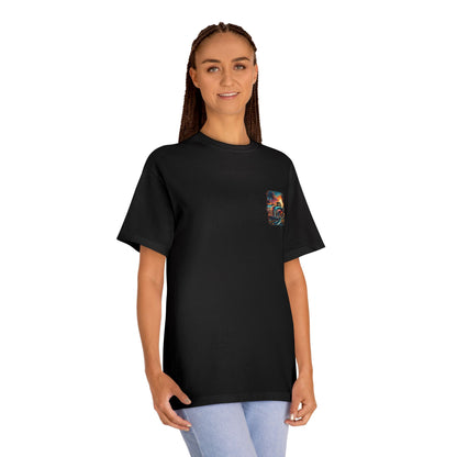 A woman wearing the black t-shirt, showing the small chest print of the beach sunset scene.