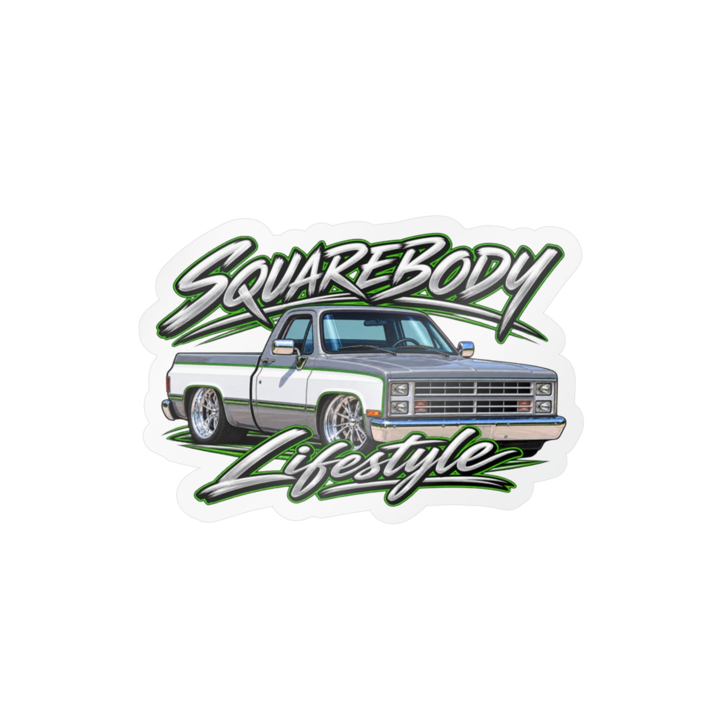 Chevy squarebody sticker showing a slammed 1980s C10 in silver and white with green pinstripes on polished billet wheels, kiss-cut vinyl decal by Drippn Ink