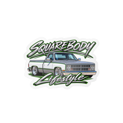 Chevy squarebody sticker showing a slammed 1980s C10 in silver and white with green pinstripes on polished billet wheels, kiss-cut vinyl decal by Drippn Ink