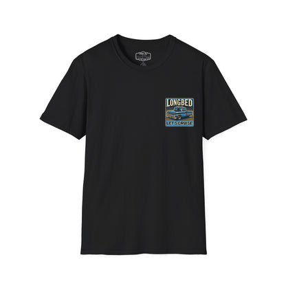 Black t-shirt shown from the front with the small Longbed chest badge