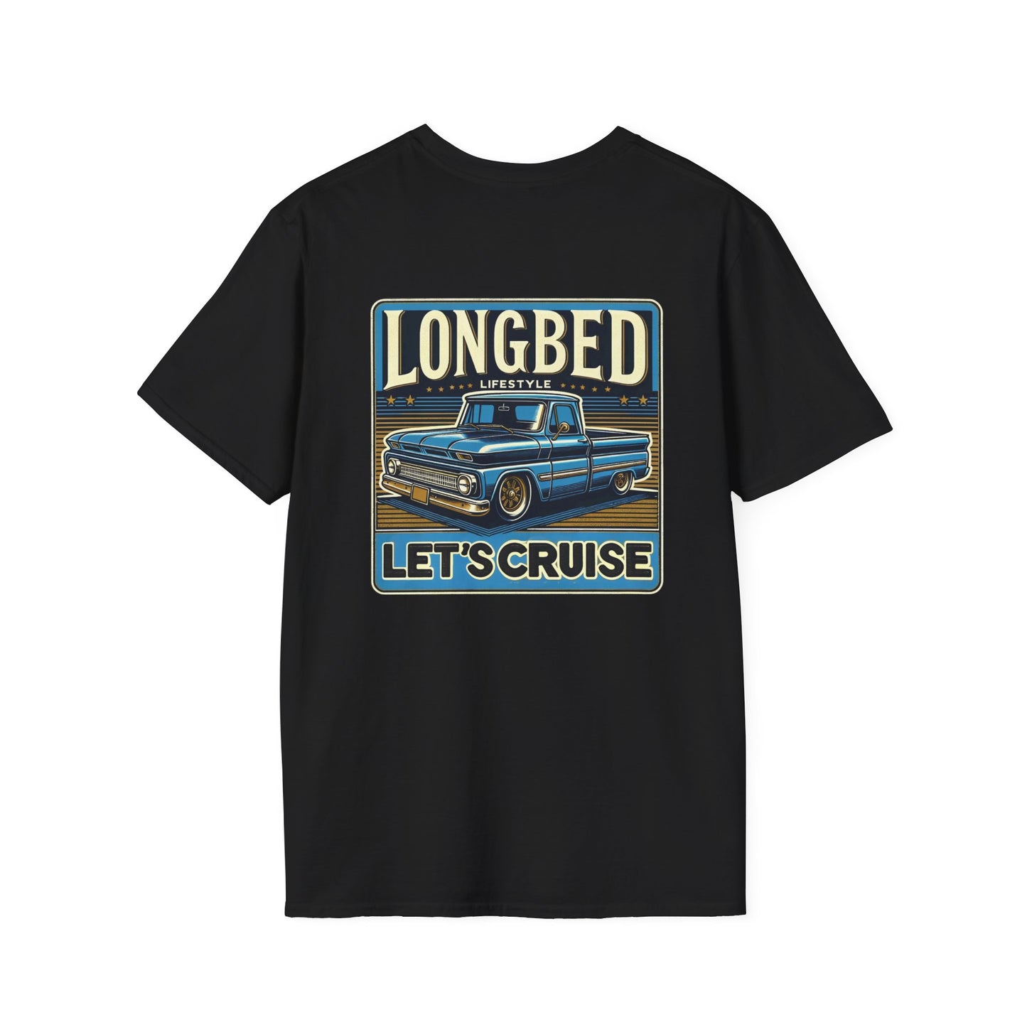 Black t-shirt with a large back print reading LONGBED above a slammed blue 1960s Chevy C10 longbed pickup and LET'S CRUISE
