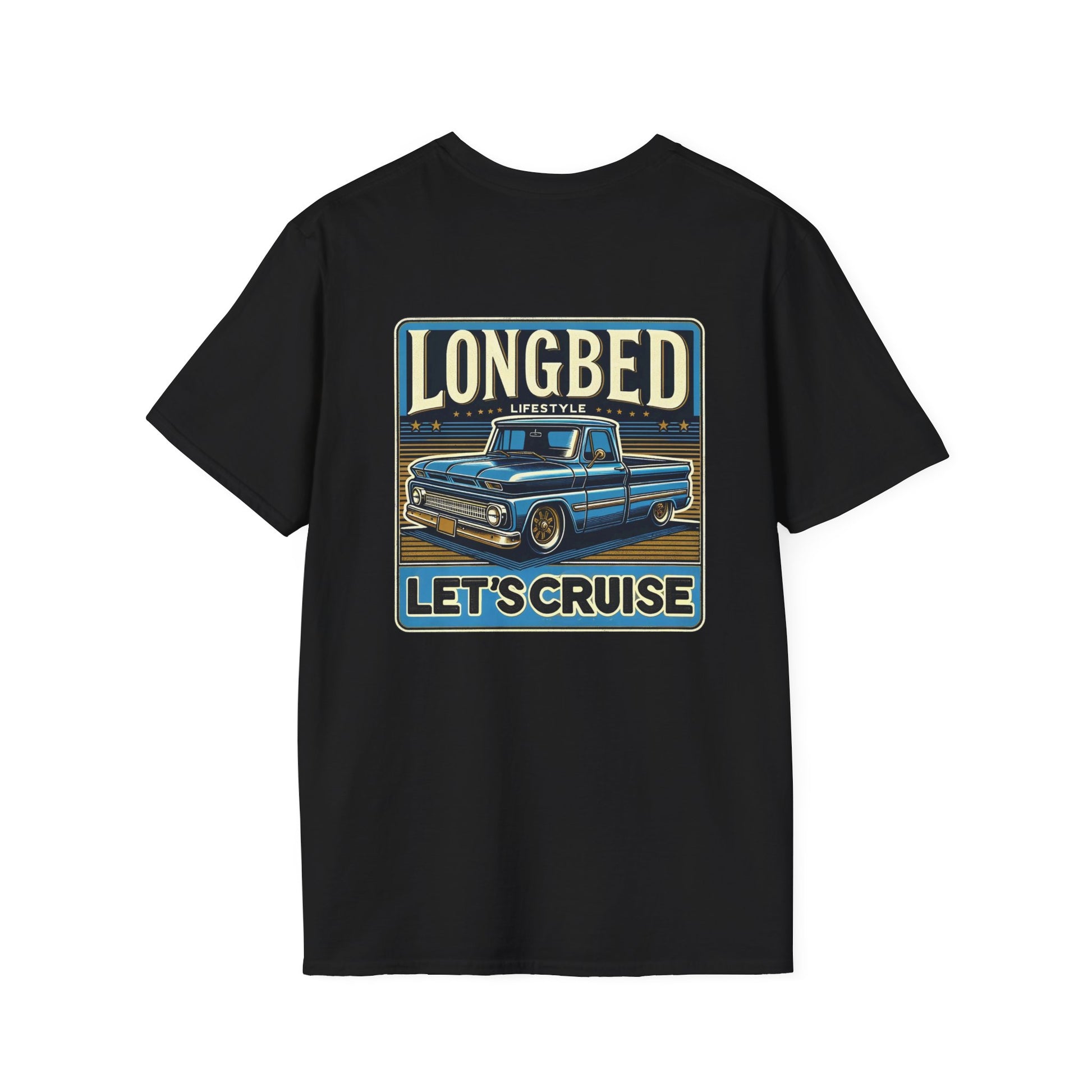 Black t-shirt with a large back print reading LONGBED above a slammed blue 1960s Chevy C10 longbed pickup and LET'S CRUISE