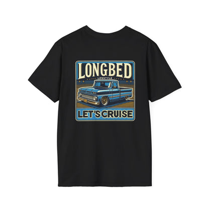Black t-shirt with a large back print reading LONGBED above a slammed blue 1960s Chevy C10 longbed pickup and LET'S CRUISE