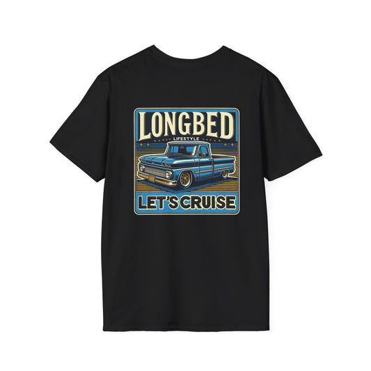 Black t-shirt with a large back print reading LONGBED above a slammed blue 1960s Chevy C10 longbed pickup and LET'S CRUISE
