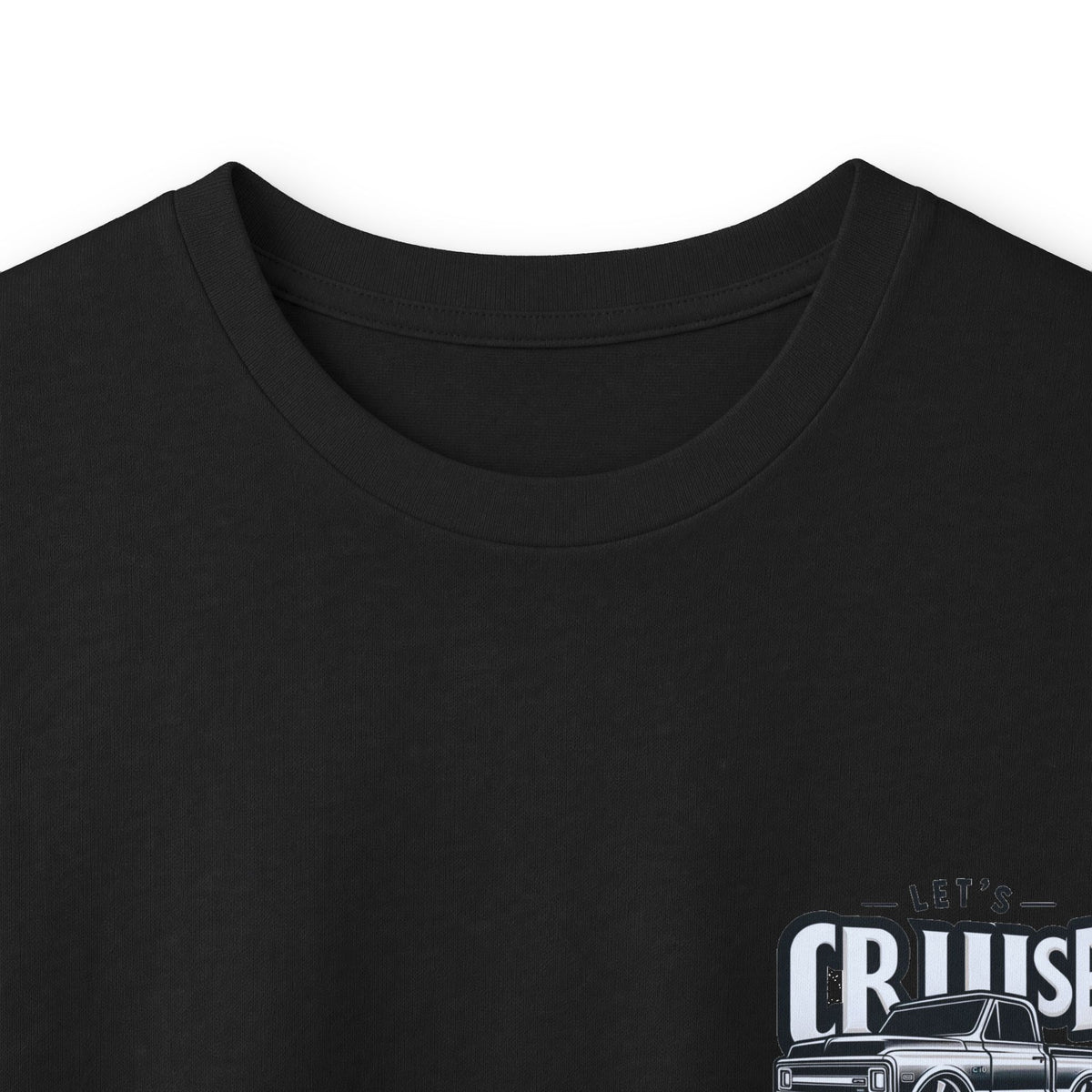 Close up of the black long sleeve tee collar and the LET'S CRUISE print