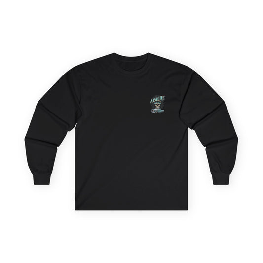 Black long sleeve t-shirt laid flat with the same small left chest print of the skull and classic pickup.