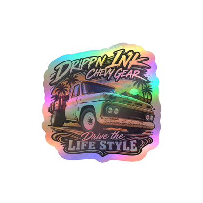 Chevy C20 dually flatbed sticker showing a 1964 truck with wooden stake sides and rust against an Arizona desert sunset with palms, kiss-cut vinyl decal by Drippn Ink