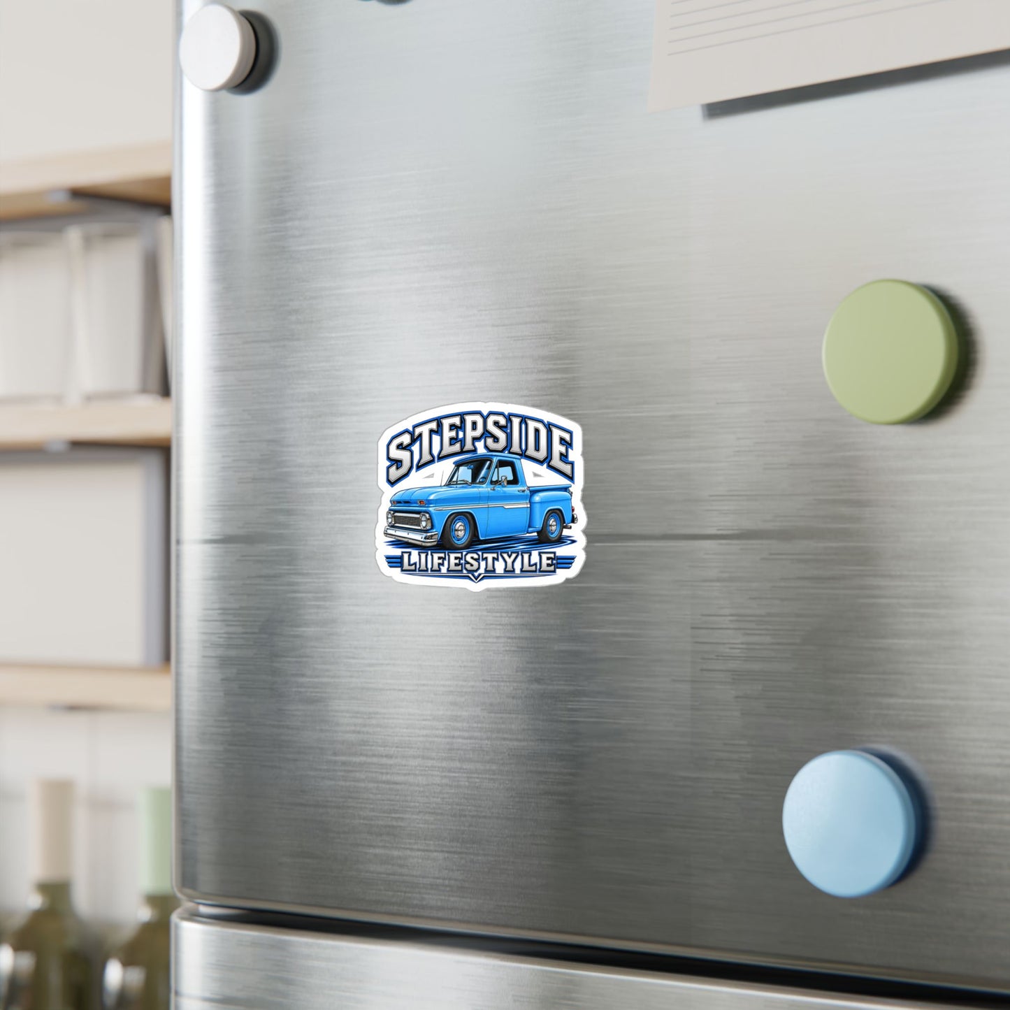 Chevy C10 stepside sticker showing a slammed 1960s truck in bright blue with chrome bumpers and blue steel wheels, kiss-cut vinyl decal by Drippn Ink