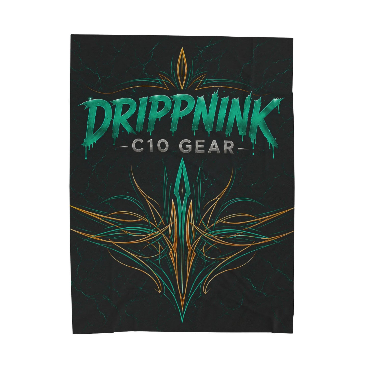 Black velveteen plush blanket featuring teal tribal pinstriping and DrippnInk C10 Gear Chevy-inspired automotive artwork