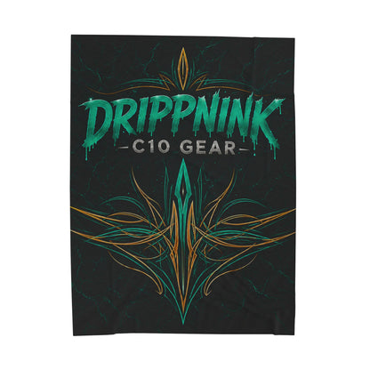 Black velveteen plush blanket featuring teal tribal pinstriping and DrippnInk C10 Gear Chevy-inspired automotive artwork