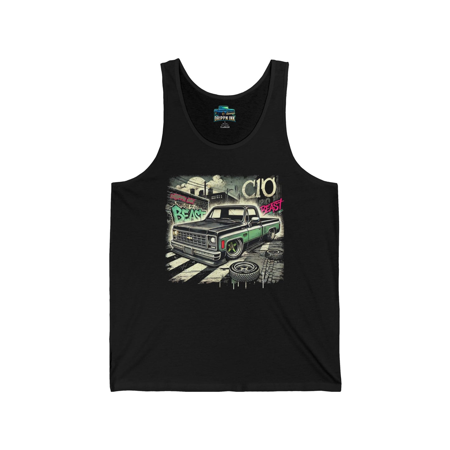 Black tank top featuring a graffiti-style green Chevy C10 Squarebody with “C10” and “Beast” tags on a street scene background.