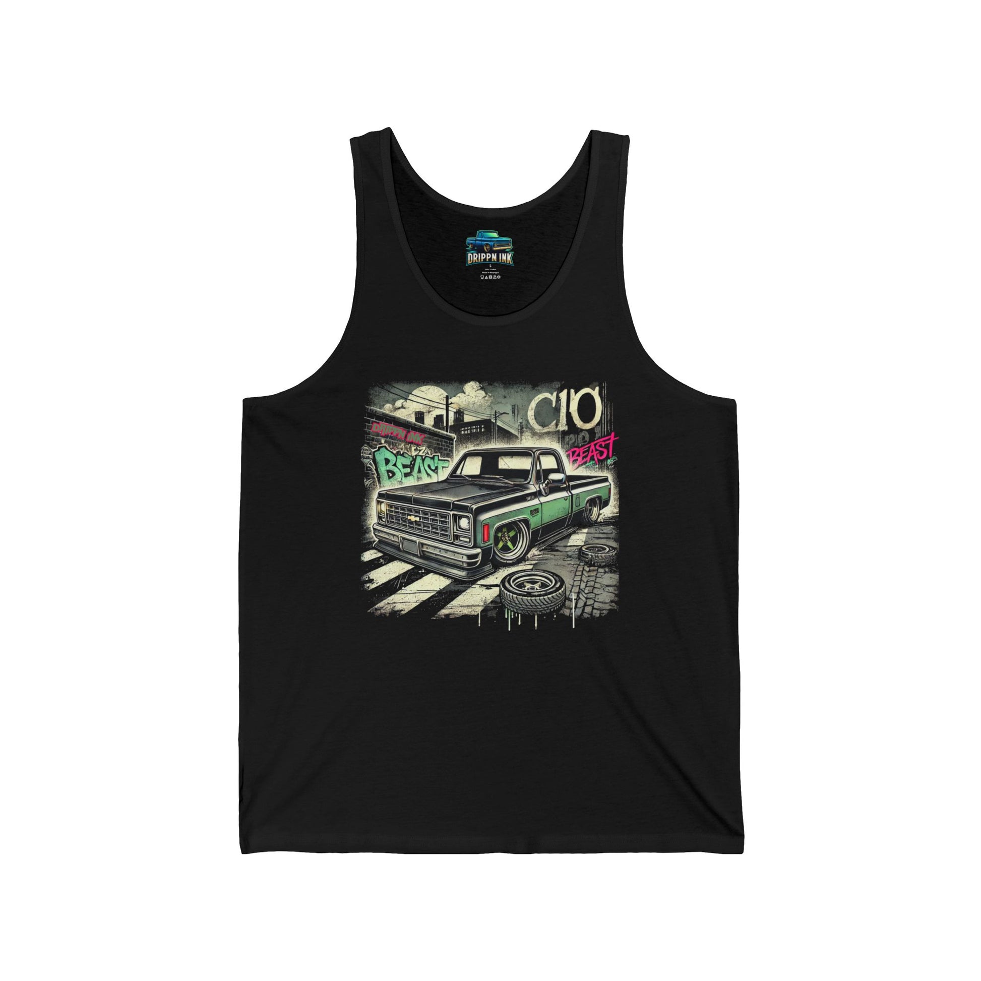 Black tank top featuring a graffiti-style green Chevy C10 Squarebody with “C10” and “Beast” tags on a street scene background.