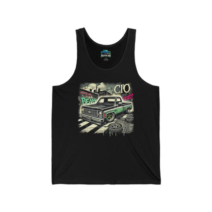 Black tank top featuring a graffiti-style green Chevy C10 Squarebody with “C10” and “Beast” tags on a street scene background.