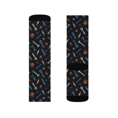 Drippn Ink Garage Tools Crew Socks, Vintage Wrench and Spark Plug Pattern, Mechanic Gift, Classic Truck Garage Style