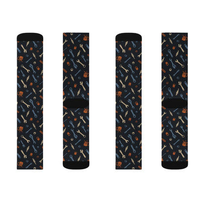 Drippn Ink Garage Tools Crew Socks, Vintage Wrench and Spark Plug Pattern, Mechanic Gift, Classic Truck Garage Style
