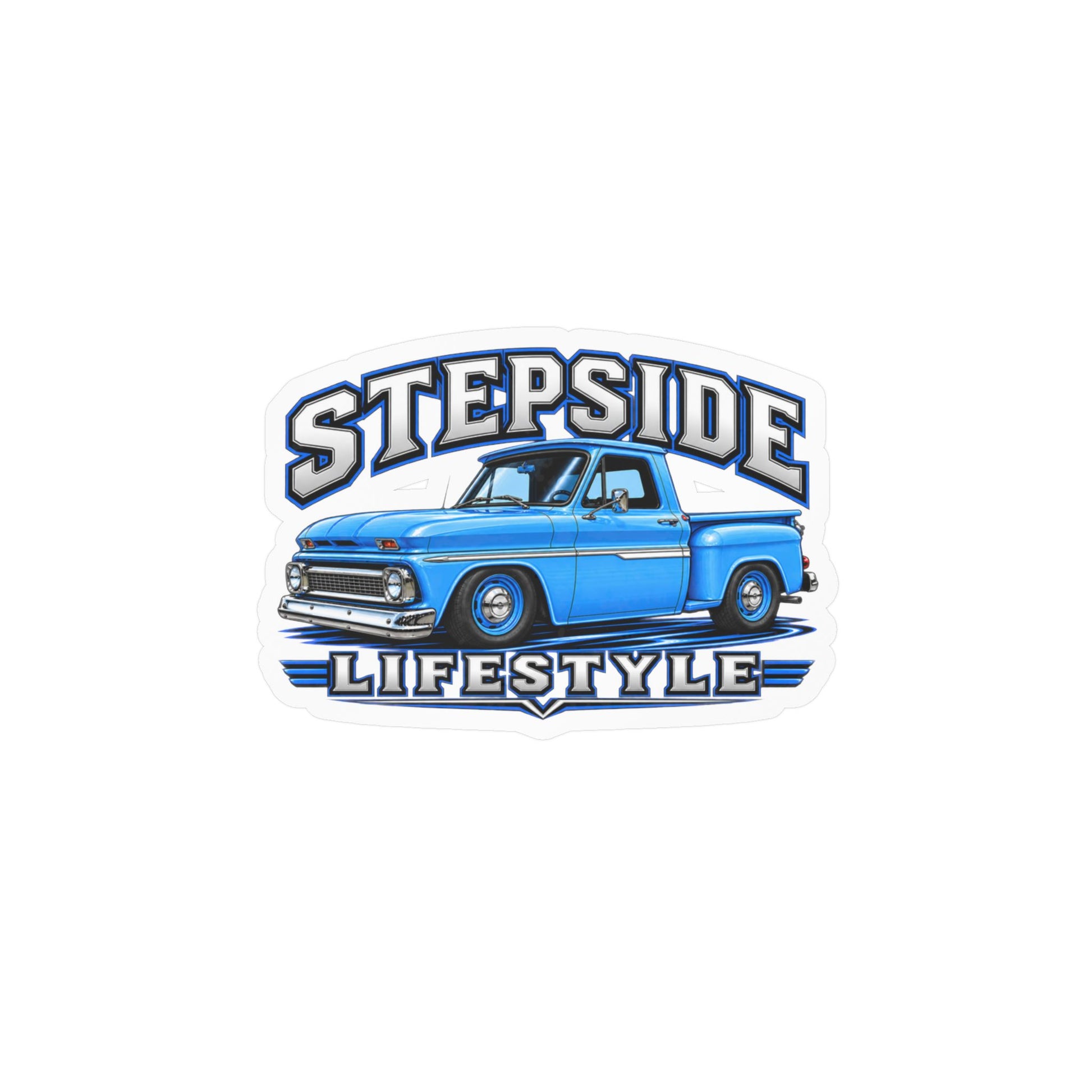 Chevy C10 stepside sticker showing a slammed 1960s truck in bright blue with chrome bumpers and blue steel wheels, kiss-cut vinyl decal by Drippn Ink