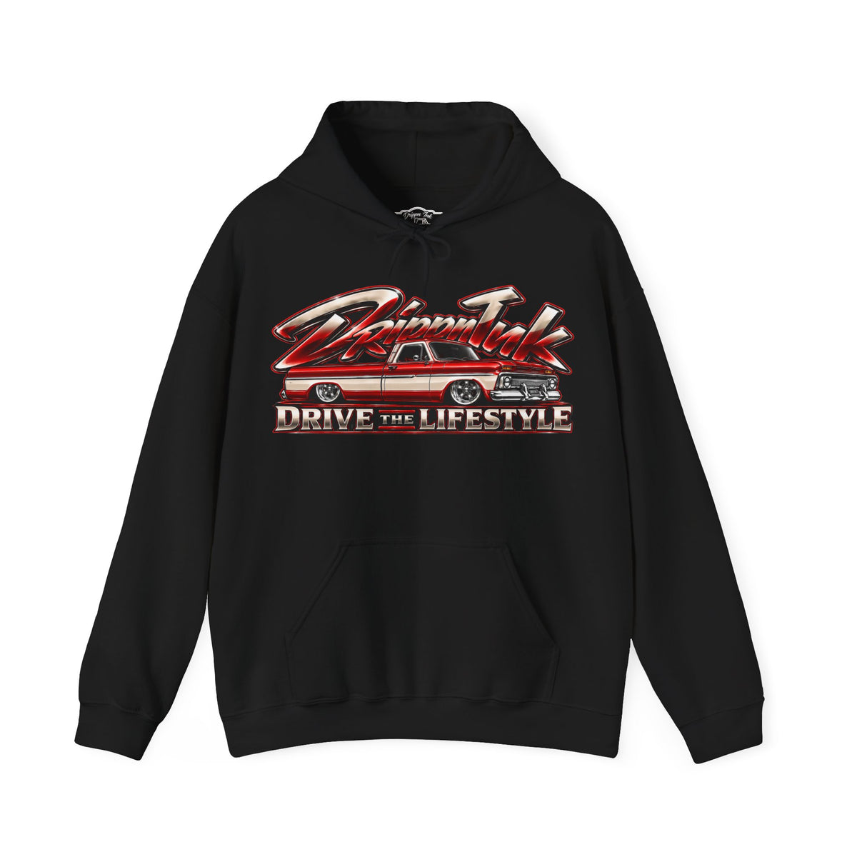 Drippn Ink Drive the Lifestyle black hoodie with a slammed red and white two tone Chevy C10 pickup truck graphic