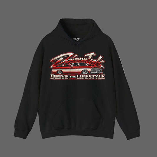 Drippn Ink Drive the Lifestyle black hoodie with a slammed red and white two tone Chevy C10 pickup truck graphic