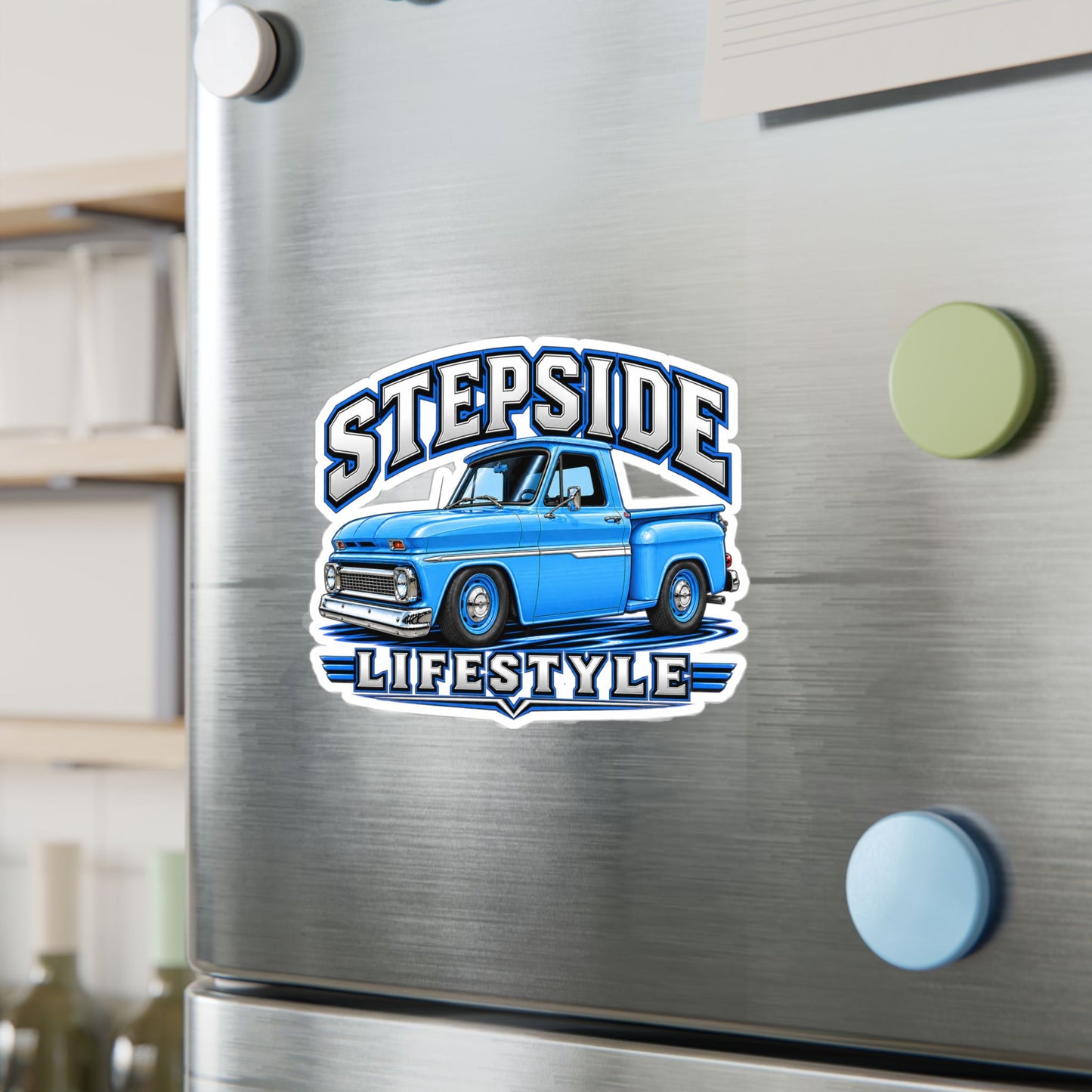 Chevy C10 stepside sticker showing a slammed 1960s truck in bright blue with chrome bumpers and blue steel wheels, kiss-cut vinyl decal by Drippn Ink