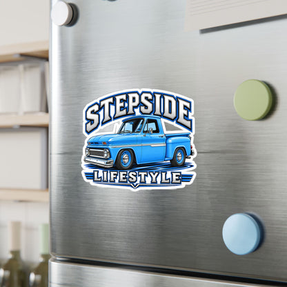 Chevy C10 stepside sticker showing a slammed 1960s truck in bright blue with chrome bumpers and blue steel wheels, kiss-cut vinyl decal by Drippn Ink