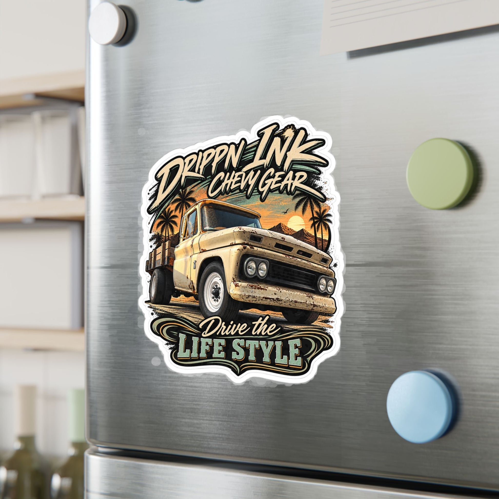 Chevy C20 dually flatbed sticker showing a 1964 truck with wooden stake sides and rust against an Arizona desert sunset with palms, kiss-cut vinyl decal by Drippn Ink