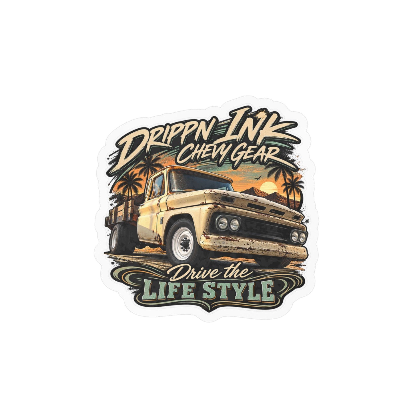 Chevy C20 dually flatbed sticker showing a 1964 truck with wooden stake sides and rust against an Arizona desert sunset with palms, kiss-cut vinyl decal by Drippn Ink