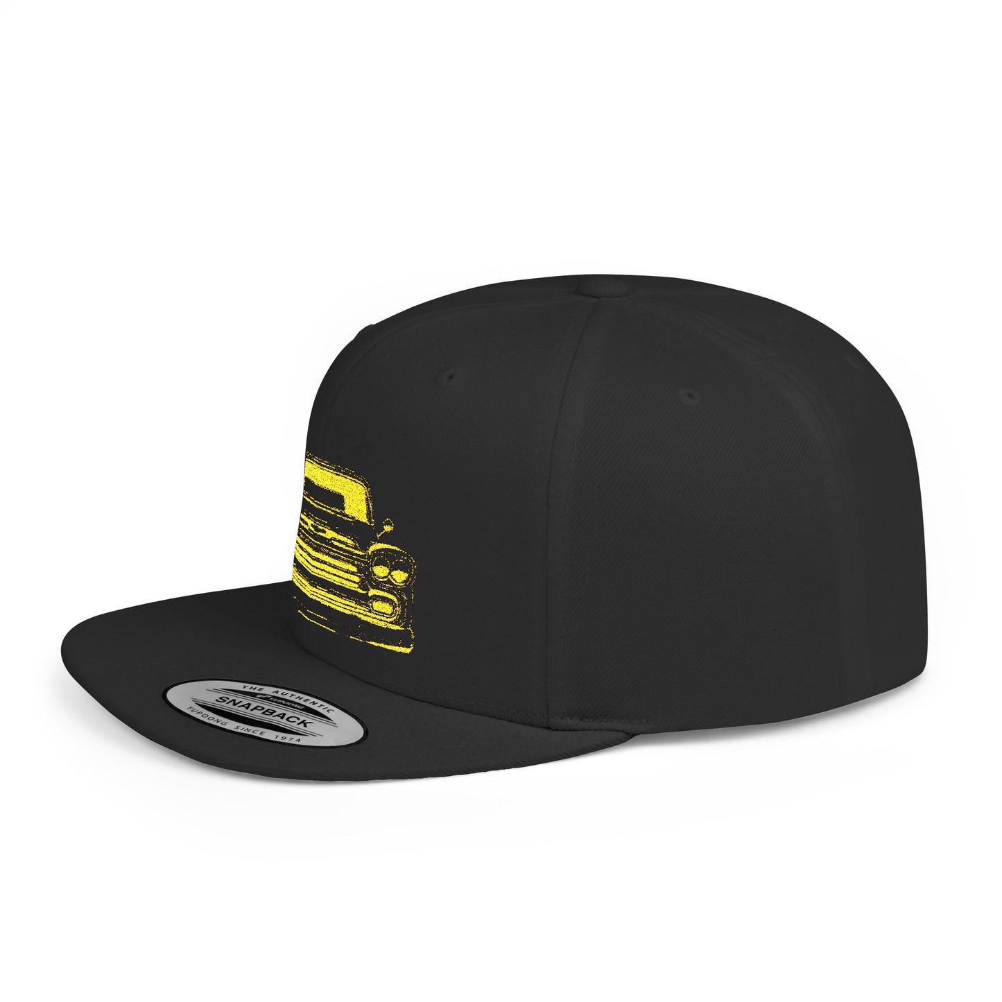 Three quarter view of the black snapback showing the flat bill and the yellow truck embroidery.