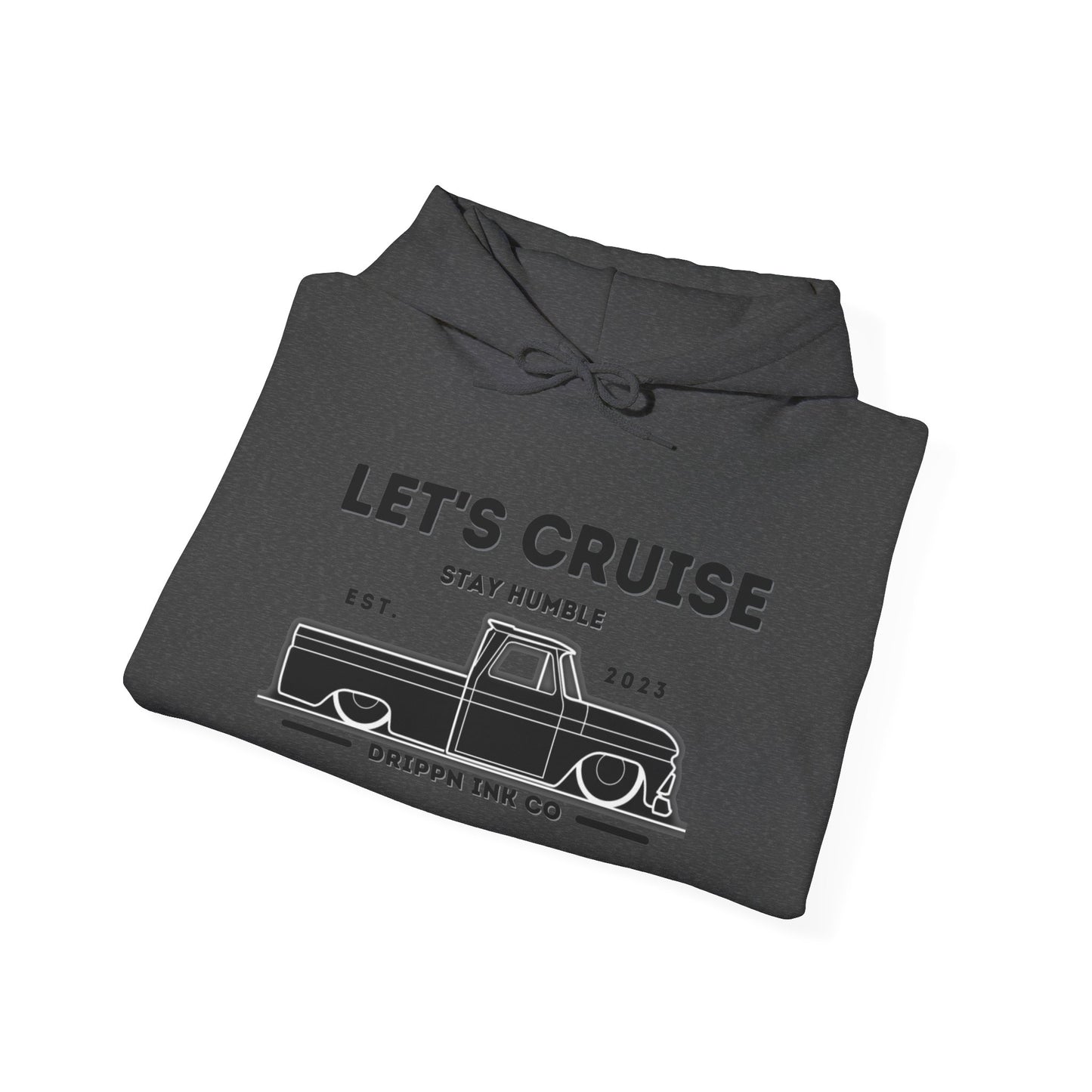 Dark heather Let's Cruise hooded sweatshirt folded, chest print visible