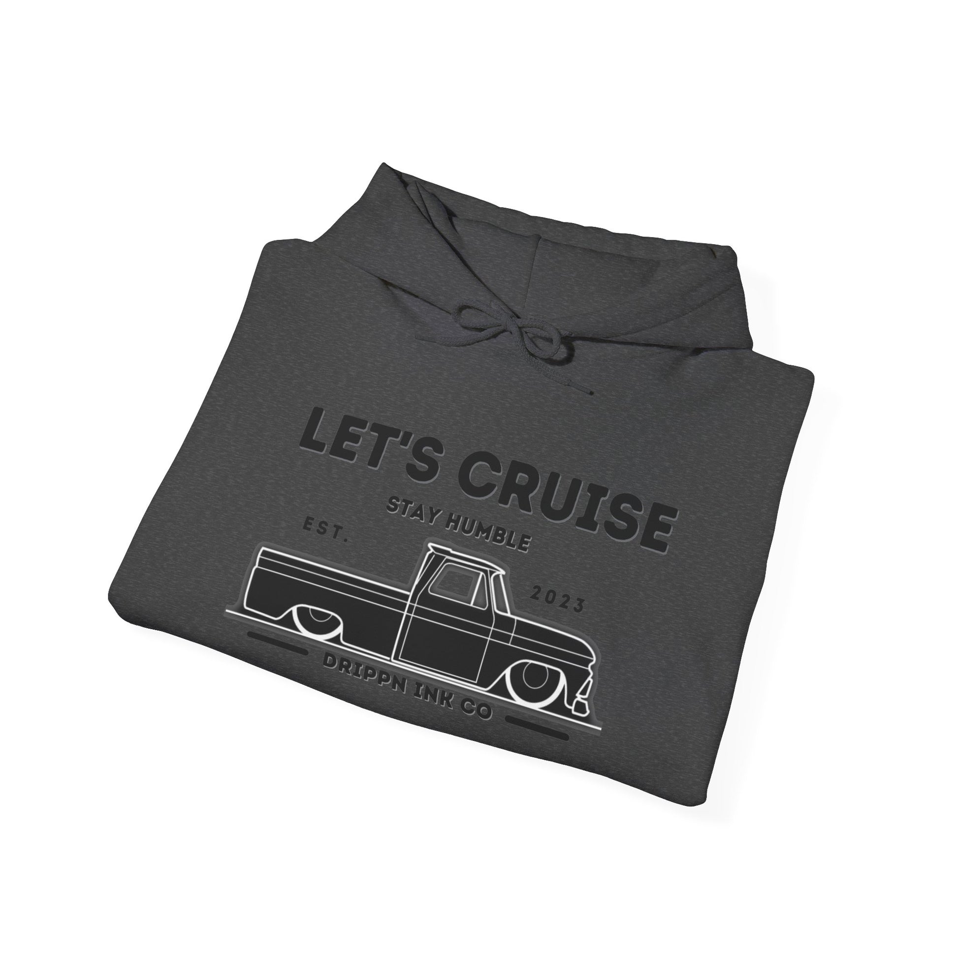 Dark heather Let's Cruise hooded sweatshirt folded, chest print visible