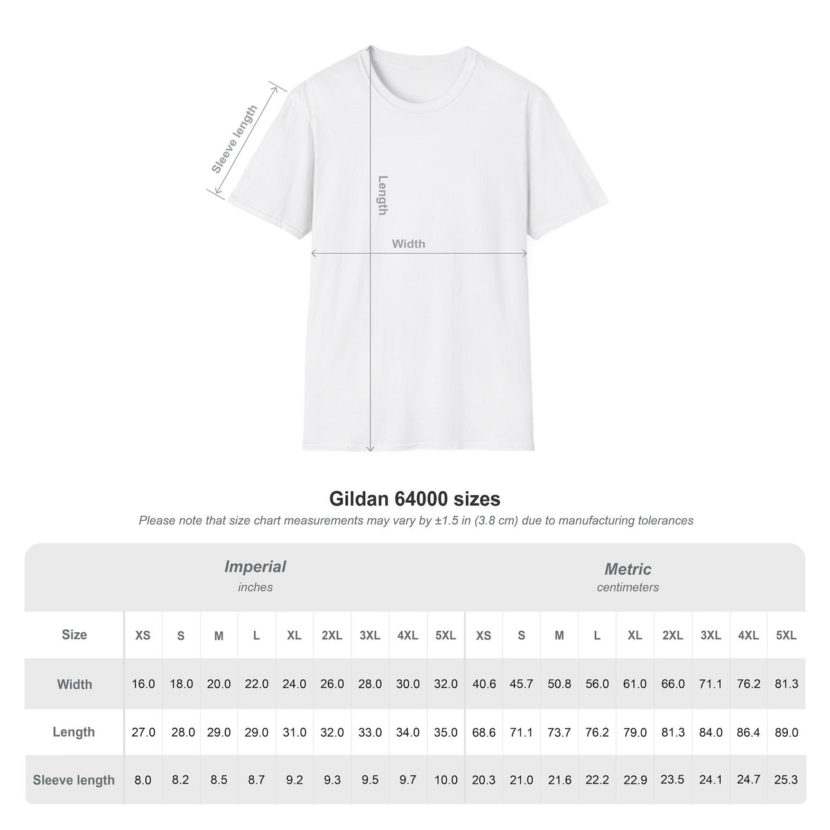 Gildan 64000 t-shirt size chart: a line drawing of the garment beside a table of width, length and sleeve length in inches and centimetres.