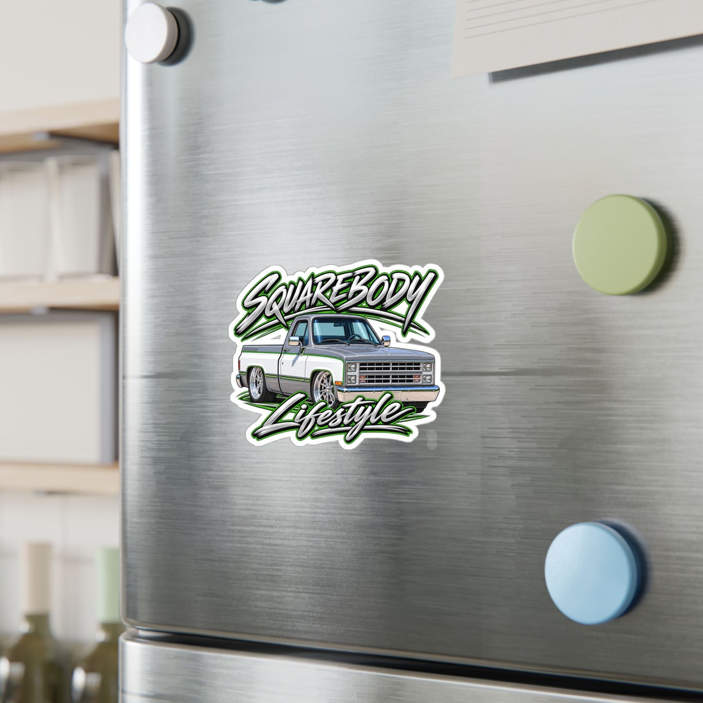 Chevy squarebody sticker showing a slammed 1980s C10 in silver and white with green pinstripes on polished billet wheels, kiss-cut vinyl decal by Drippn Ink