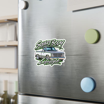 Chevy squarebody sticker showing a slammed 1980s C10 in silver and white with green pinstripes on polished billet wheels, kiss-cut vinyl decal by Drippn Ink