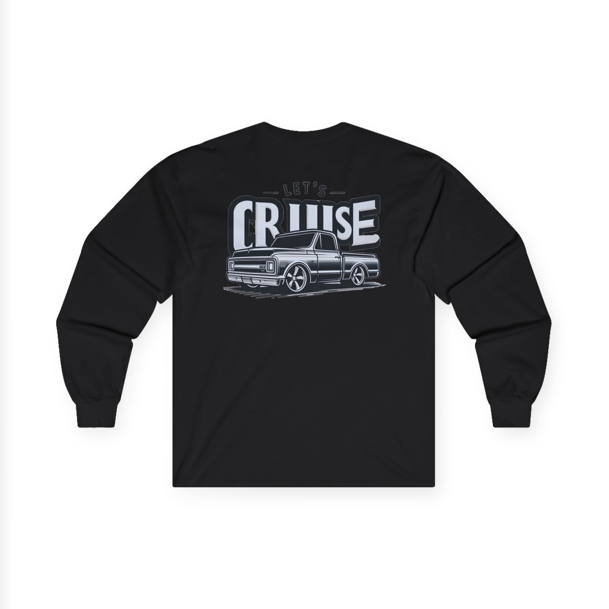 Black long sleeve tee with a large back print reading LET'S CRUISE across a slammed classic pickup