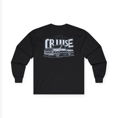 Black long sleeve tee with a large back print reading LET'S CRUISE across a slammed classic pickup