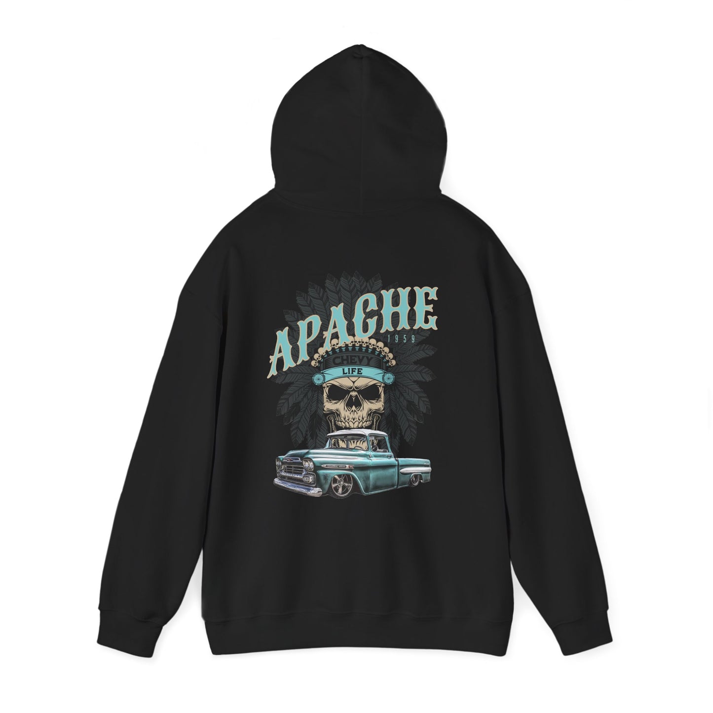 The black hoodie shown from behind with the hood up, the large Apache skull and pickup print filling the back.