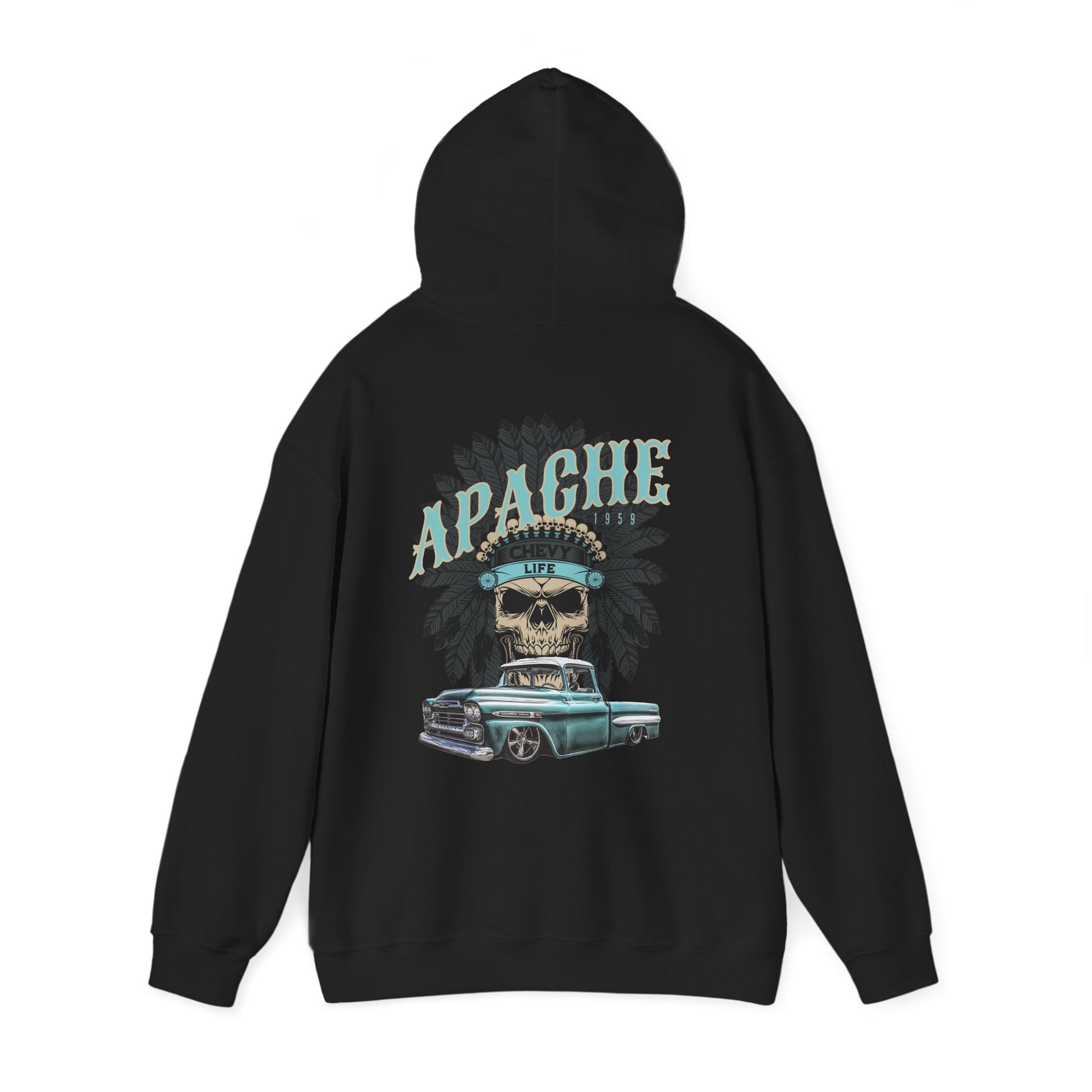 The black hoodie shown from behind with the hood up, the large Apache skull and pickup print filling the back.