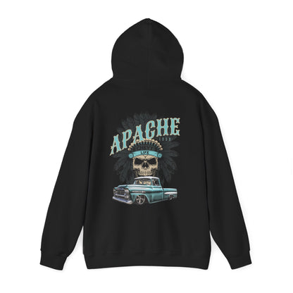 The black hoodie shown from behind with the hood up, the large Apache skull and pickup print filling the back.