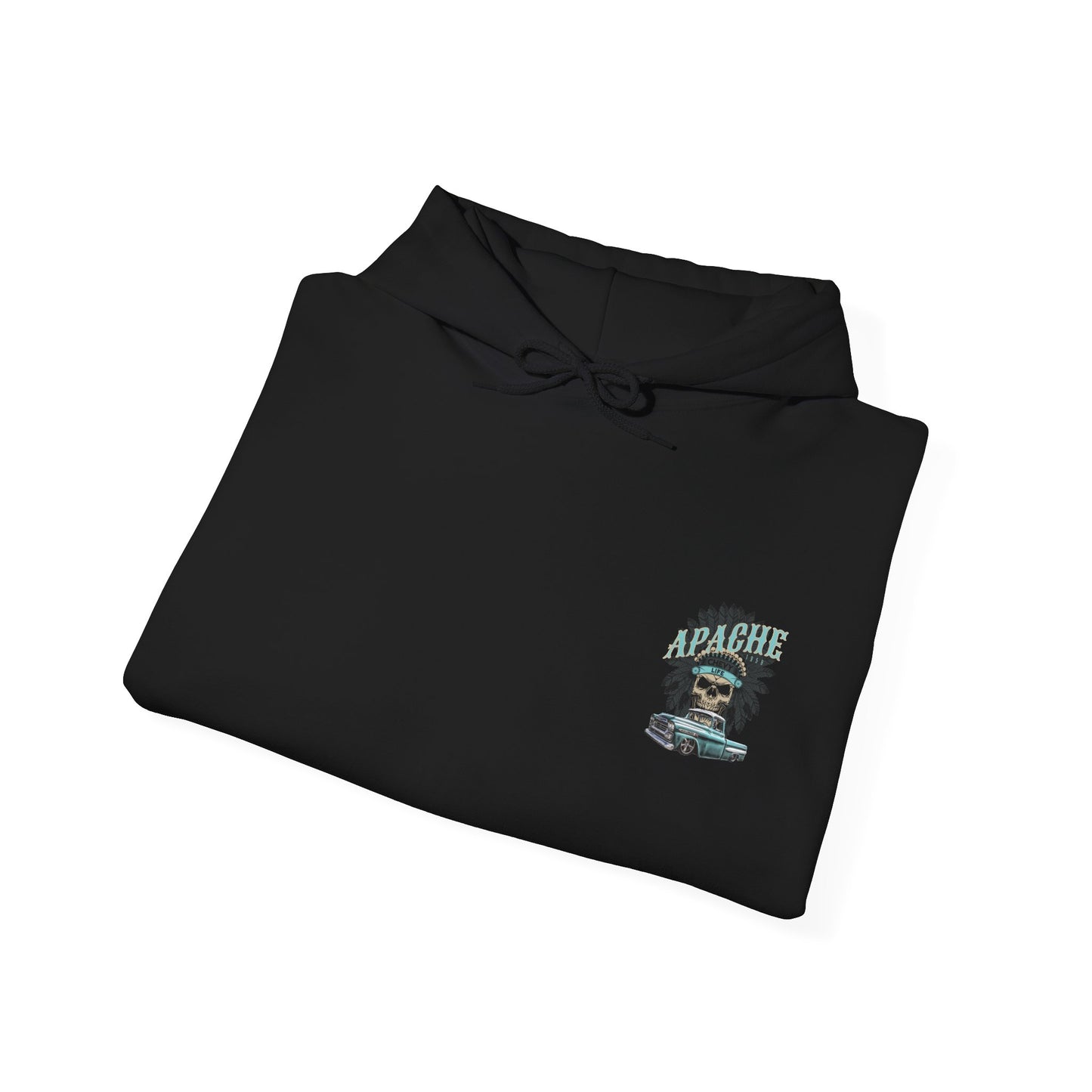 The black hoodie folded to show the small chest print of the Apache skull and pickup.