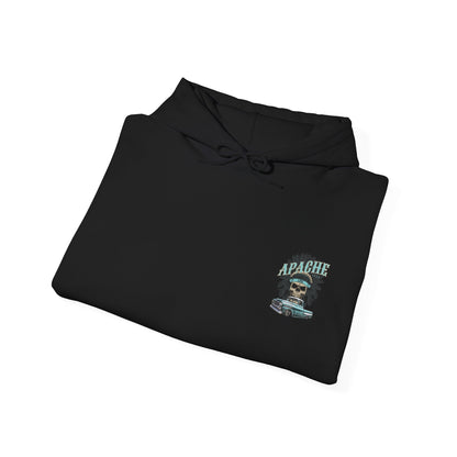 The black hoodie folded to show the small chest print of the Apache skull and pickup.