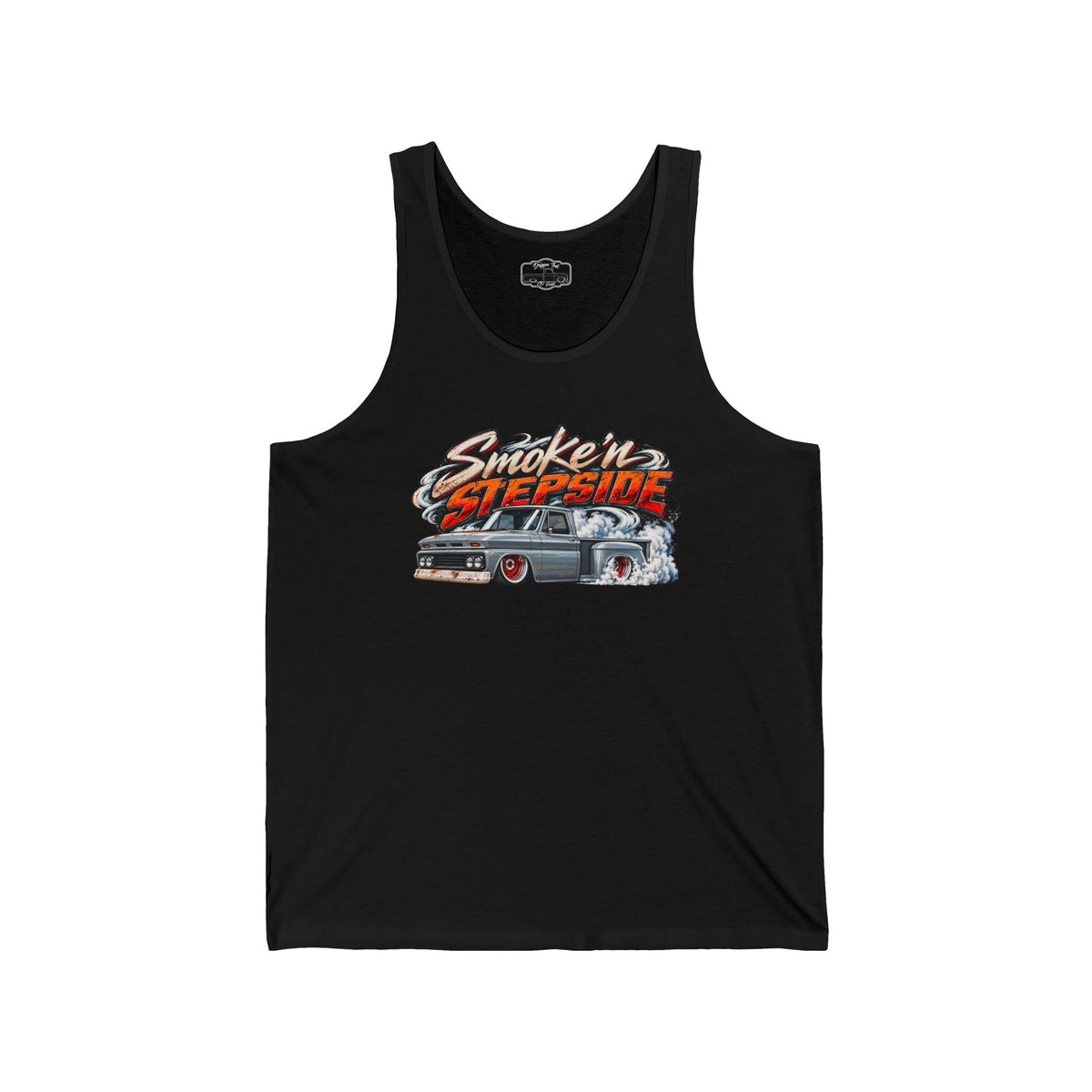 Front of a black Smoke'n Stepside tank top with a graphic of a slammed patina Chevy stepside pickup doing a burnout