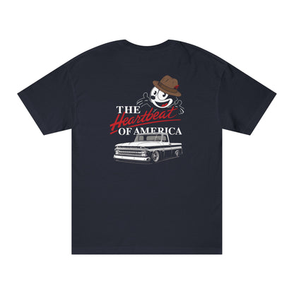 Black t-shirt featuring a large graphic of Felix In a Fedora, the text “The Heartbeat of America,” and a slammed Chevy C10 truck on the back, with matching front badge.

