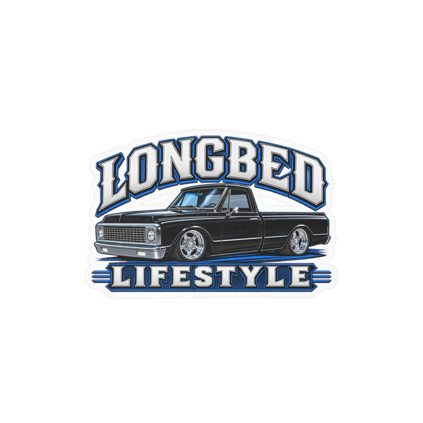 Chevy C10 longbed sticker showing a slammed 1970s truck in black with chrome trim on polished five spoke wheels, kiss-cut vinyl decal by Drippn Ink