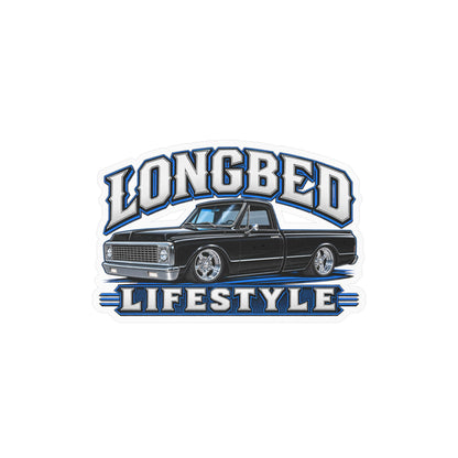 Chevy C10 longbed sticker showing a slammed 1970s truck in black with chrome trim on polished five spoke wheels, kiss-cut vinyl decal by Drippn Ink