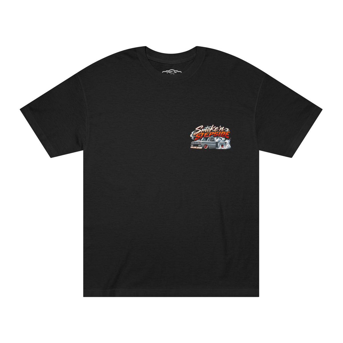 Front of a black Smoke'n Stepside t-shirt with a small left chest logo of a lowered patina Chevy truck