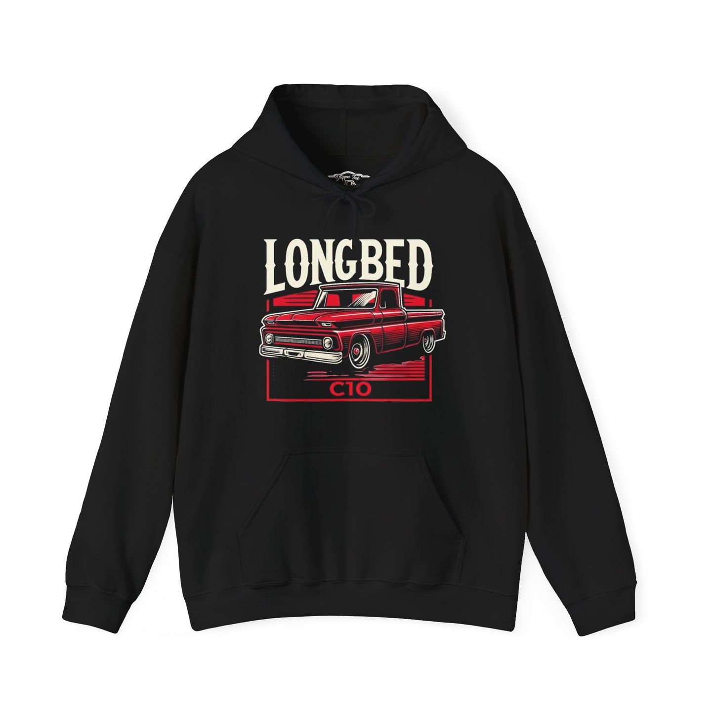 Black hoodie laid flat with a chest print reading Longbed above a red classic pickup truck with a C10 badge.