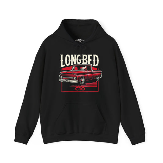 Black hoodie laid flat with a chest print reading Longbed above a red classic pickup truck with a C10 badge.